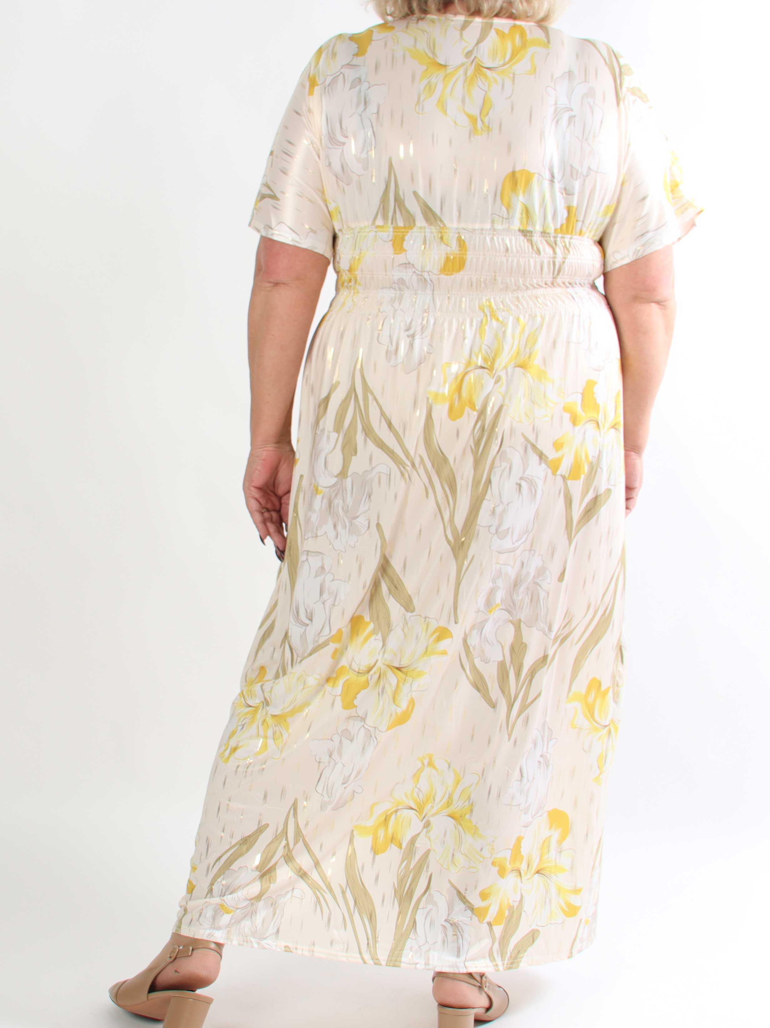 Pams Kvitka - Lang plus size blomstret kjole med guld detaljer og lommer